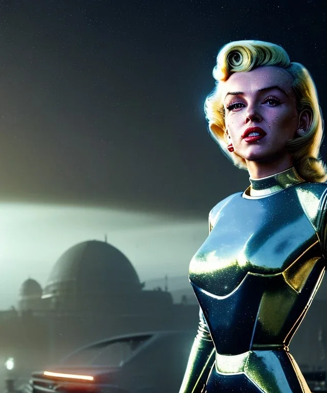 Ultra Realistic retro sci-fi 1960 scene, waist up view portrait, blonde woman, sweet young Marilyn Monroe face, perfect iris, tight latex coat, Strange planet background, Retro sci-fi style glass helmet, fog, rain, soft color, highly detailed, unreal engine 5, ray tracing, RTX, lumen lighting, ultra detail, volumetric lighting, 3d, finely drawn, high definition, high resolution.