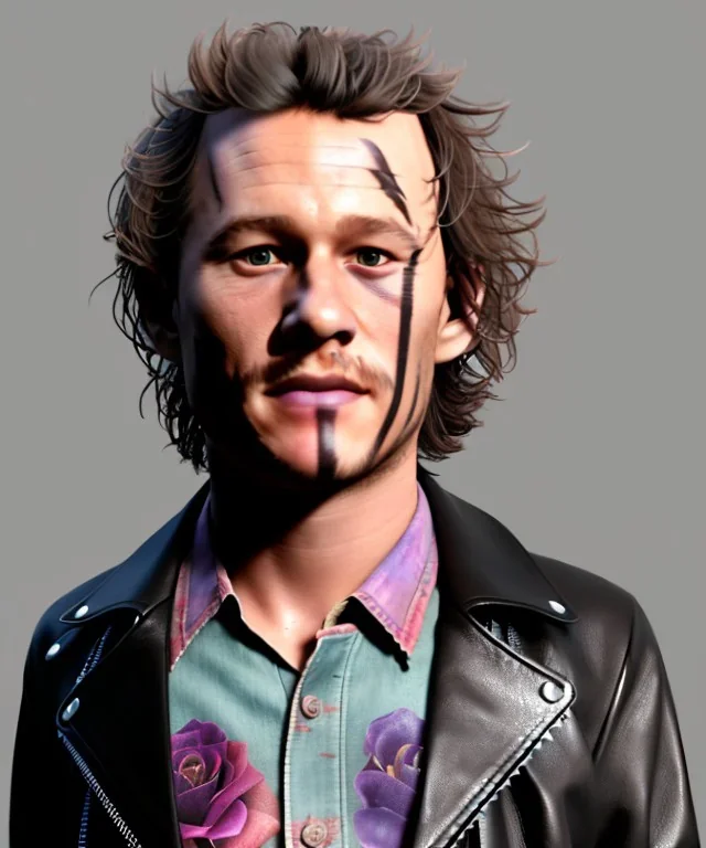 Heath ledger toddler, full body, leather jacket, floral shirt, soft skin, dramatic lighting, hyper realistic