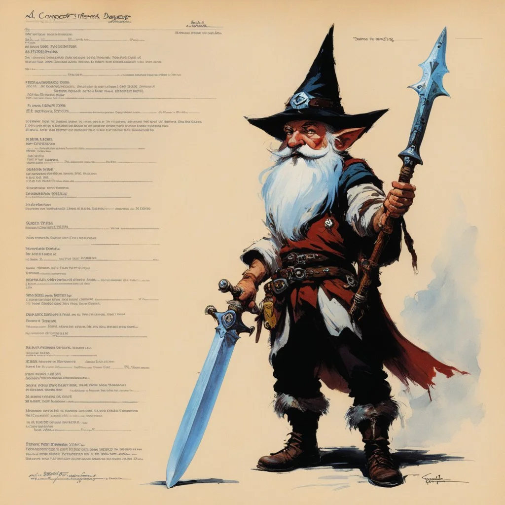 ConceptSheet: gnome sorcerer and her dagger with AD&D statistics [by frank frazetta]