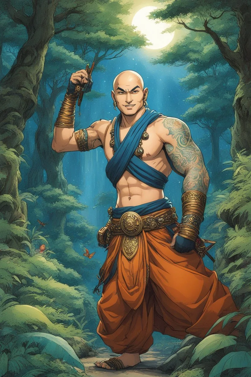 (in the style of Orion, by Masamune Shirow) tattooed gangasta monk points the camera to say "thank you", he smiles in the enchanted forest