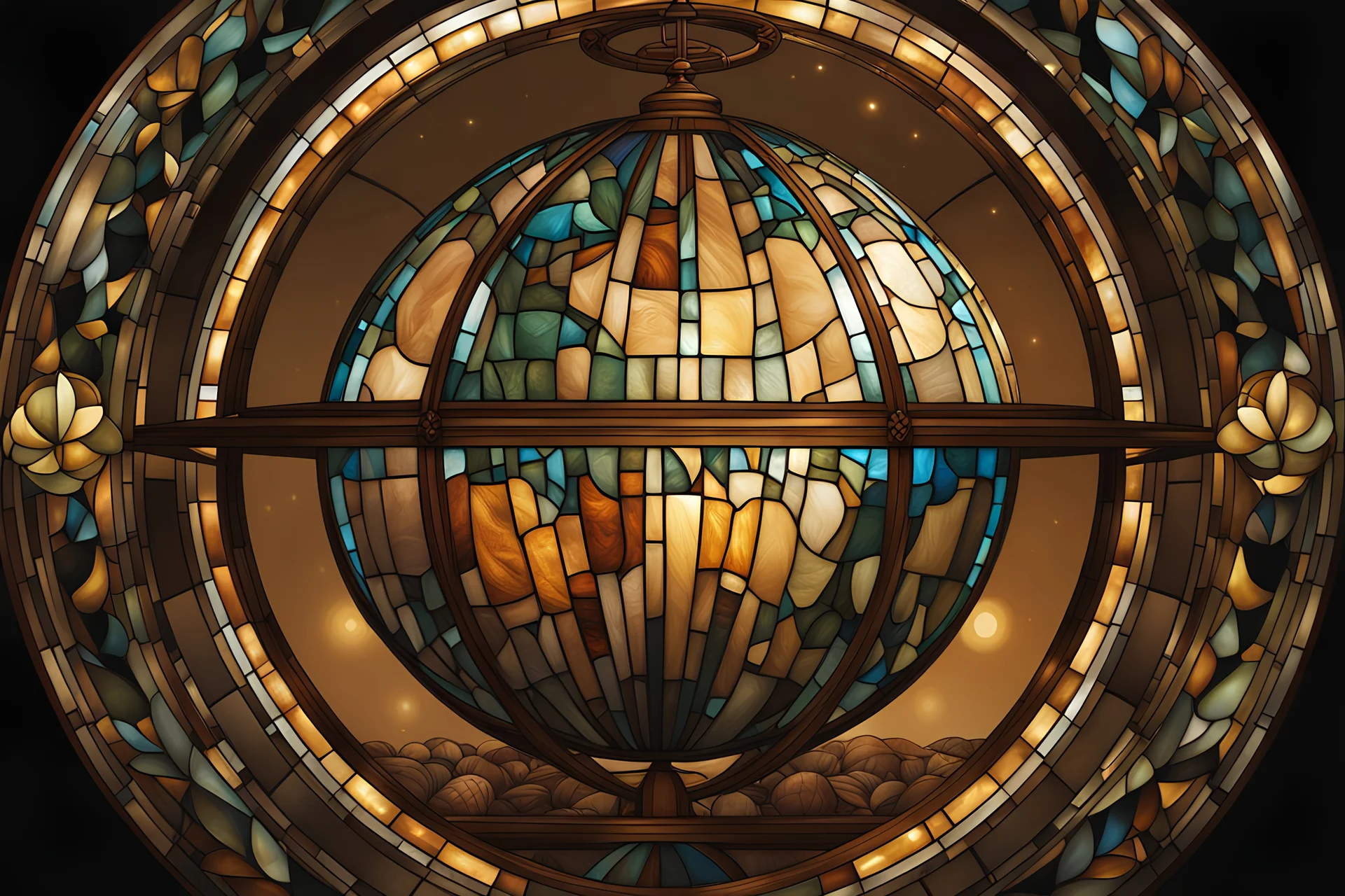 In the art style of Karem Beyit: sepia tone, a stained glass planet globe