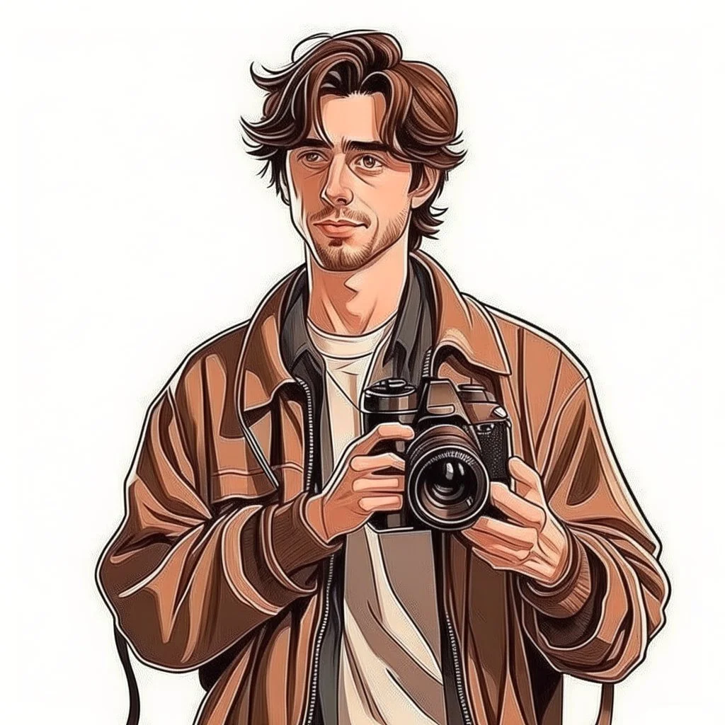 Brown haired stoic man with casual 90s clothes and a camera realistic art