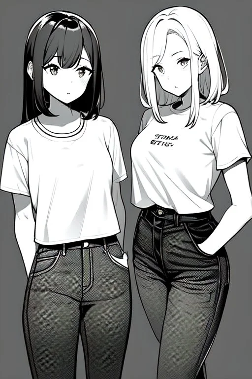 two girls dressed in jeans and a T-shirt walk in the city, line arts, greyscale