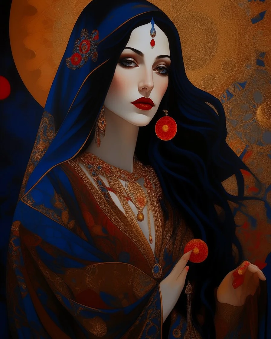 painting in a highly stylized, cinematic art style depicts a beautiful woman with long, flowing dark hair and dark eyes, adorned with a red bindi on her forehead and red lipstick. She is wearing an elaborate robe composed of dark blue, blue, gray, and gold fabric with a pattern of gold circles and abstract shapes, including some red and orange elements. The woman is positioned with her right shoulder partially exposed, revealing a glimpse of her dark skin. Her dark hair cascades dramatically aro