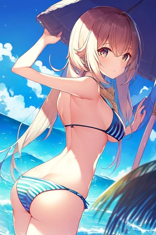 anime waifu at the beach in a bikini with her back turned