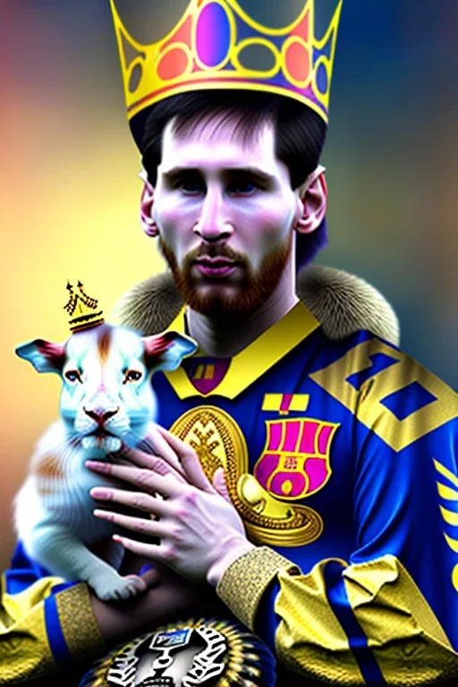 messi as king with wearing crown and king stuffs and clothes and holding a little white goat on his hand ,hyperrealistic,8k,detailed,rendered