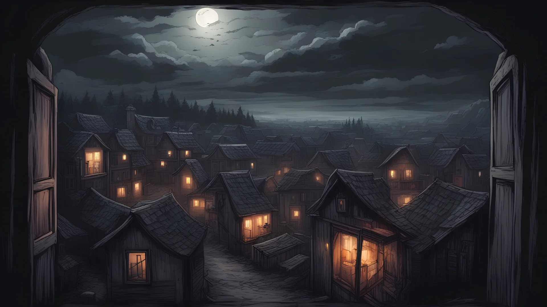 (Masterpiece) View from window, little village in start of night, dark horror art style, extreme quality, draw, second floor, looking to the village with little amount of houses
