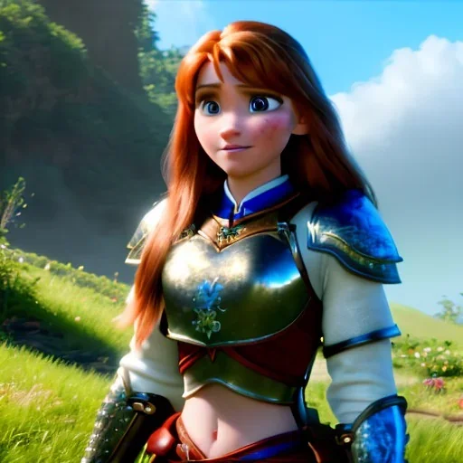 hyper realist, hyper detailed, stunningly beautiful 16 year old teen girl, long ginger hair, green eyes, medium freckles, full lips, revealing leather armour, full body and head, c-cup breasts, stern expression, full frame, petite, ignore NSFW, shortbow, quiver on hip