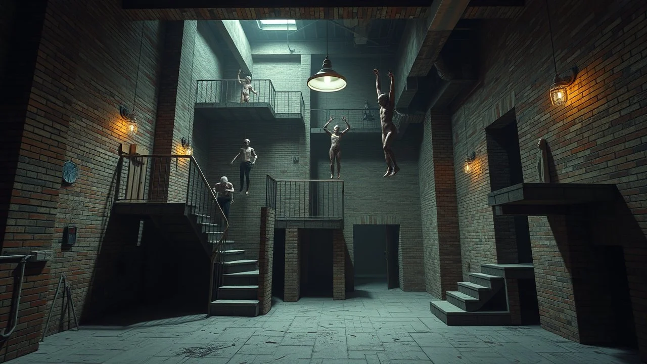 The image depicts a surreal and eerie architectural space with humanoid figures in various poses amidst a maze of brick structures. The scene is dominated by industrial-style brick walls and floors, with platforms, stairs, and architectural elements suggesting a mix of abstract and structural design. Dimly lit lights hang from the ceiling. People: Various humanoid figures are positioned throughout the space, some suspended in unnatural poses, contributing to the surreal atmosphere. Their forms a