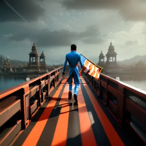 A jacked hindu man walking on the bridge with orange flag , day , realistic , high resolution , HD , 1920pX1080p , dark