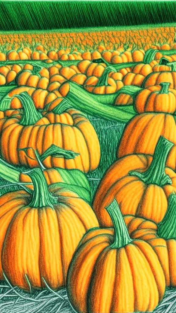 pencil drawing with colored pencils of a pumpkin patch, green