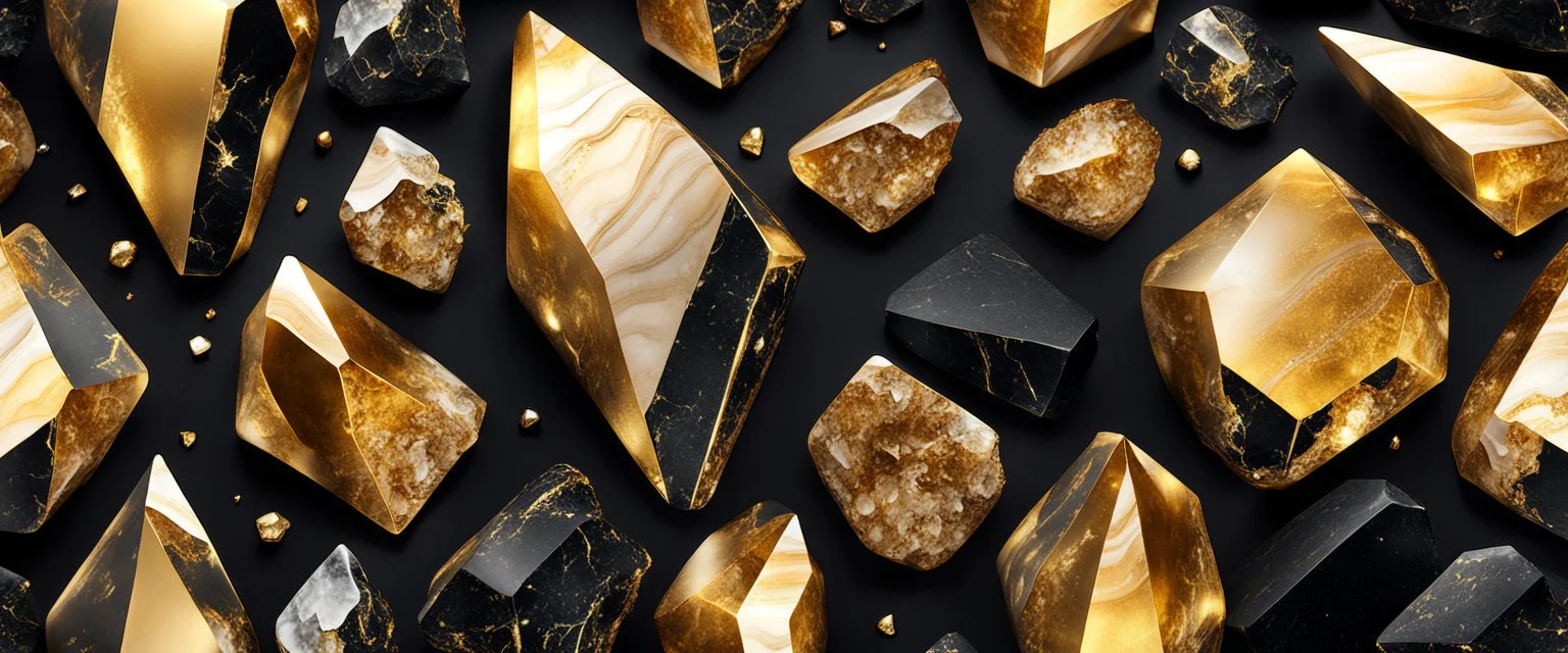 Hyper Realistic Golden Marble Crystals with Royal-Black-Velvet-Background