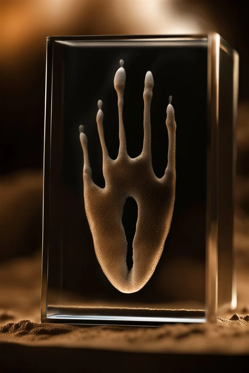 an alien's close up footprint lodged within sand in a neat, square display glass box, filled half way with sand, "Alien" engraved on small metal strip, realistic and highly detailed, 8k