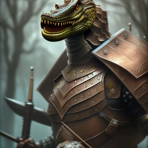 photograph of a warrior with crocodile themed armour. extremely detailed. dslr. 85 mm.perfect position, unreal engine