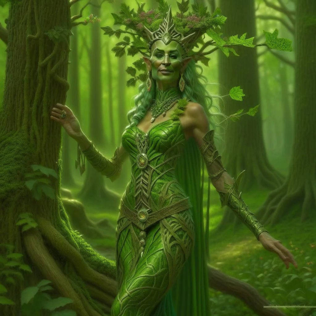 create a full body portrait of a forest dryad enchantress , with highly detailed, sharply lined facial features, in the deep forest of Brokilon in rustic woodland colors, 4k in the style of Peter Mohrbacher