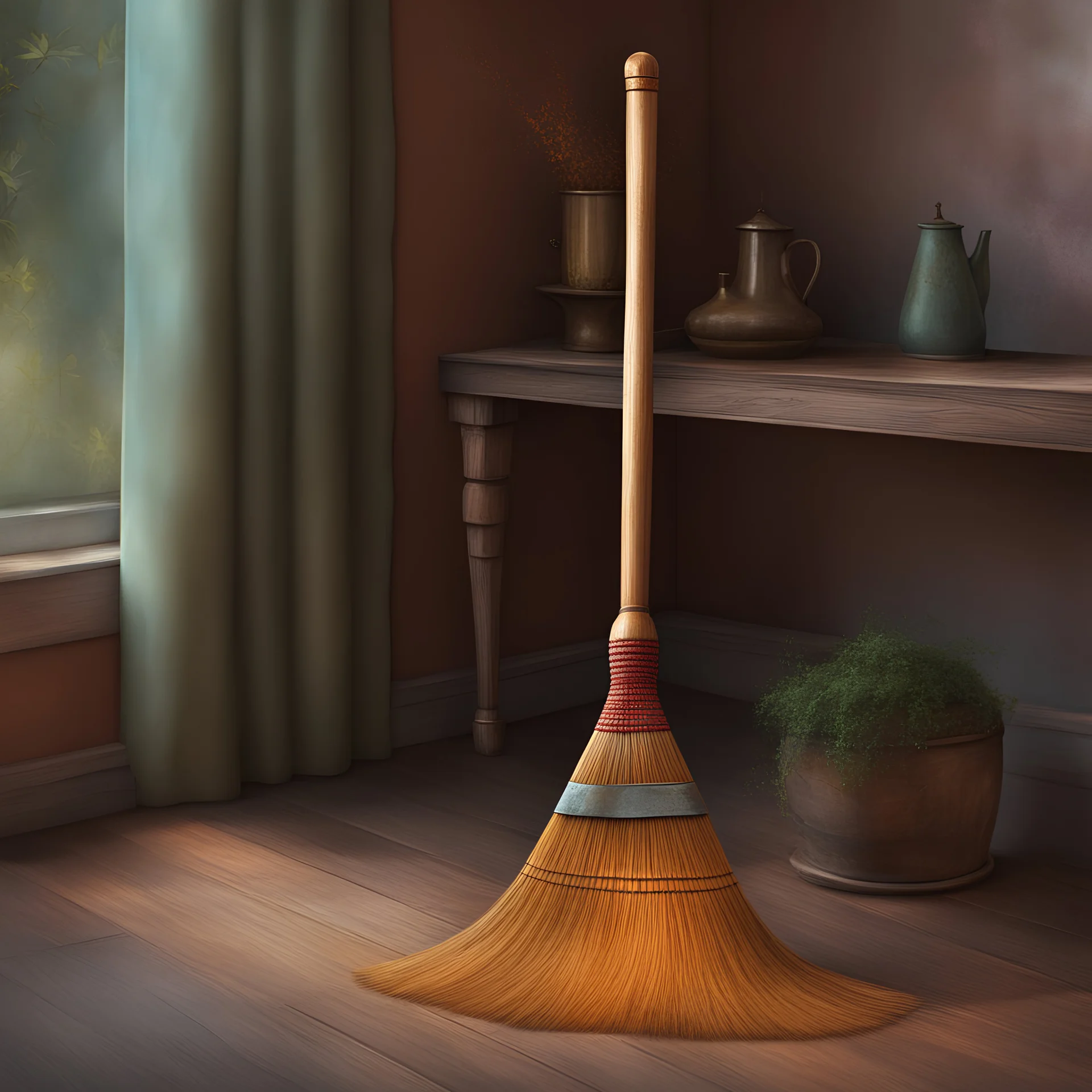 old wooden broom on floor. No detailed background.Magical. Dramatic, highly detailed, digital painting, masterpiece