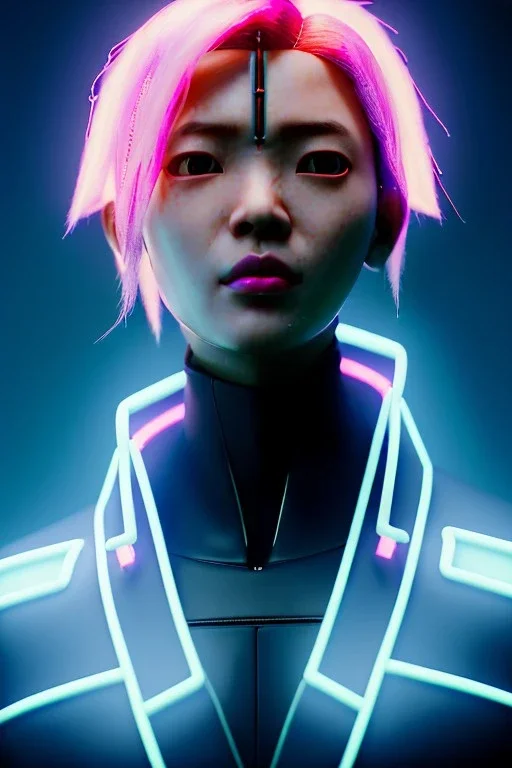 portrait, Asian cyborg woman, ghost in the shell style :: symmetry photography, cyberpunk, pink hair, makeup, long line eye, light iris, :: latex coat, japanese traditional pattern, wires and circuits, pink, white, black :: cinematic, Ultra realistic, dark scene, soft color, highly detailed, unreal engine 5, RTX, ultra detail, 3d, finely drawn, high definition.