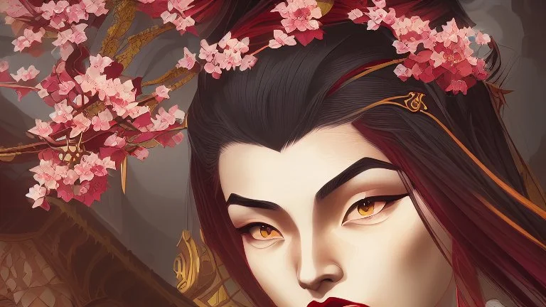 Japanese Geisha, illustration, digital art ,Vintage, Gothic, God Rays, vibrant colours, stylish ,Dark and Gorgeous art , GOD LIGHTING, Eiko Ishioka costume designer,, 32Κ, macro realistic,macro, sunbeams,beautiful, insanely detailed, cherryblossom zen garden, manga,anime,