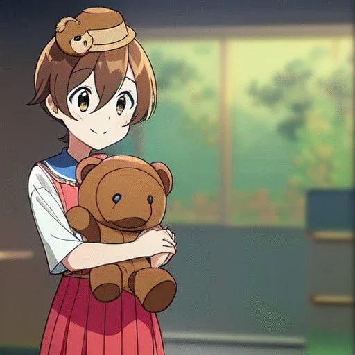 Clear focus, High resolution, a anime kid, cute, cartoony style, smiling, anime screencap, hair between eyes, holding a brown teddy bear, small forhead, female