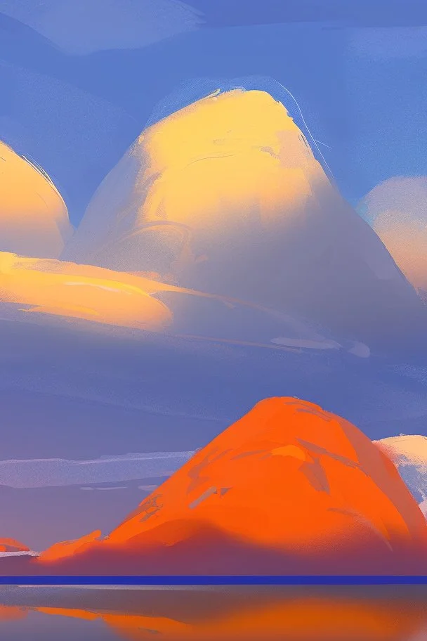 basic paint of big rock mountains with and orange dawn sky with no clouds close montains