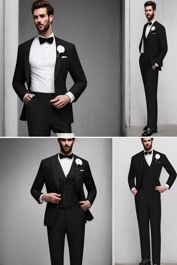 Men's wedding suit black full sleeves tight and short Photorealistic