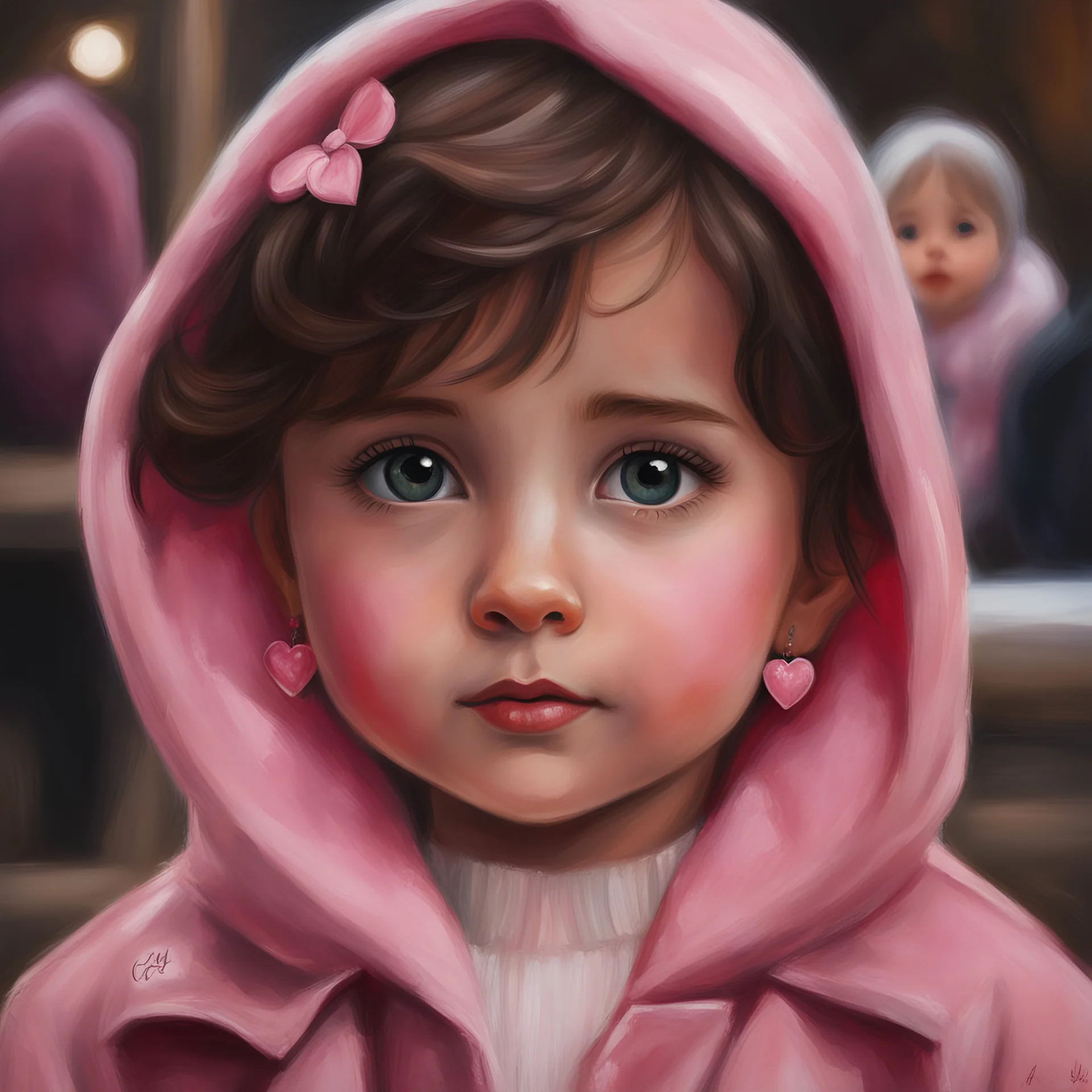 Painting of a little girl with big hazel eyes and short brown hair with a pink jacket and heart earrings, 2 years old, adorable eyes, cute face, oil pastel, oil pastel painting, oil painting, painting style, light colors