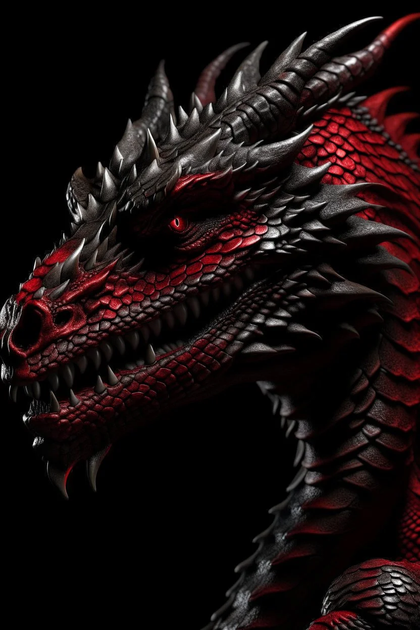 Ultra realistic photograph of dragon dark skin with red highlights dark fantasy