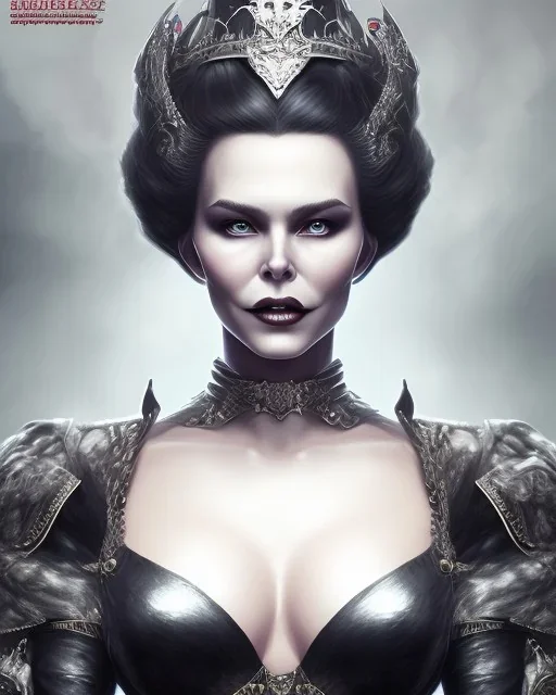 old evil queen in black leather gown, femme fatale, volouptous, busty, cleavage, angry, emperious, 8k resolution concept art portrait by Greg Rutkowski,