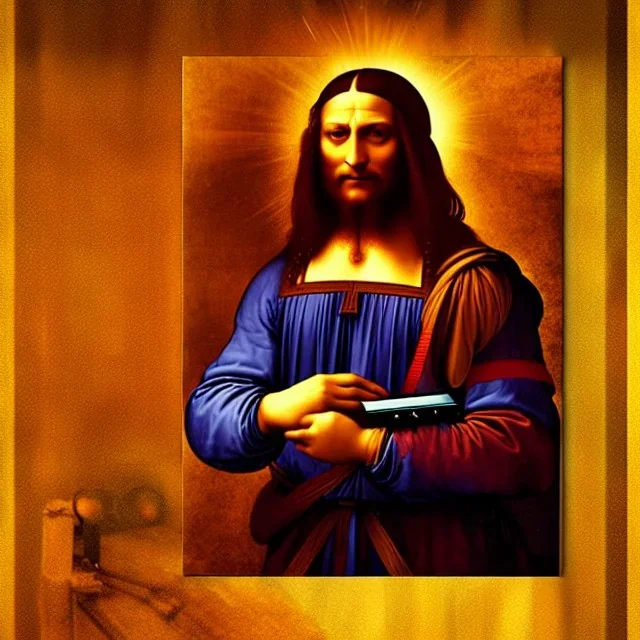 leonardo da vinci with computer. creating in photoshop. hyperdetailed, warm colors, movie poster, photoillustration, oil on canvas, lens flare