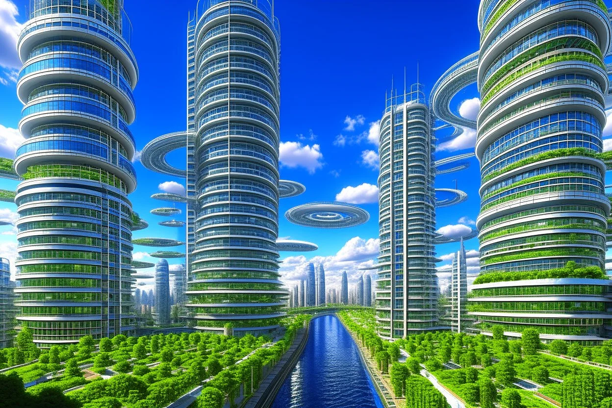 detailed alien cityscape, buildings with balconies, tracks, roads, paths, river, blue sky, white clouds