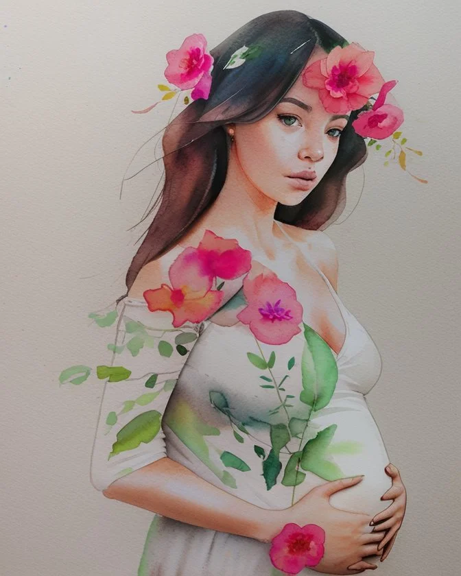 portrait, watercolor, fine drawing, Pregnancy, flowers,