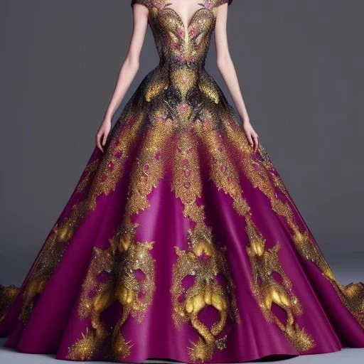 stunning extrem opulent haute couture gown designed by Marchesa inspired by fairies, realistic epic elegant fantasy color mix of black and gold and dark red,decorated with precious stones, detailed, high quality, intricate, fantasyland background,