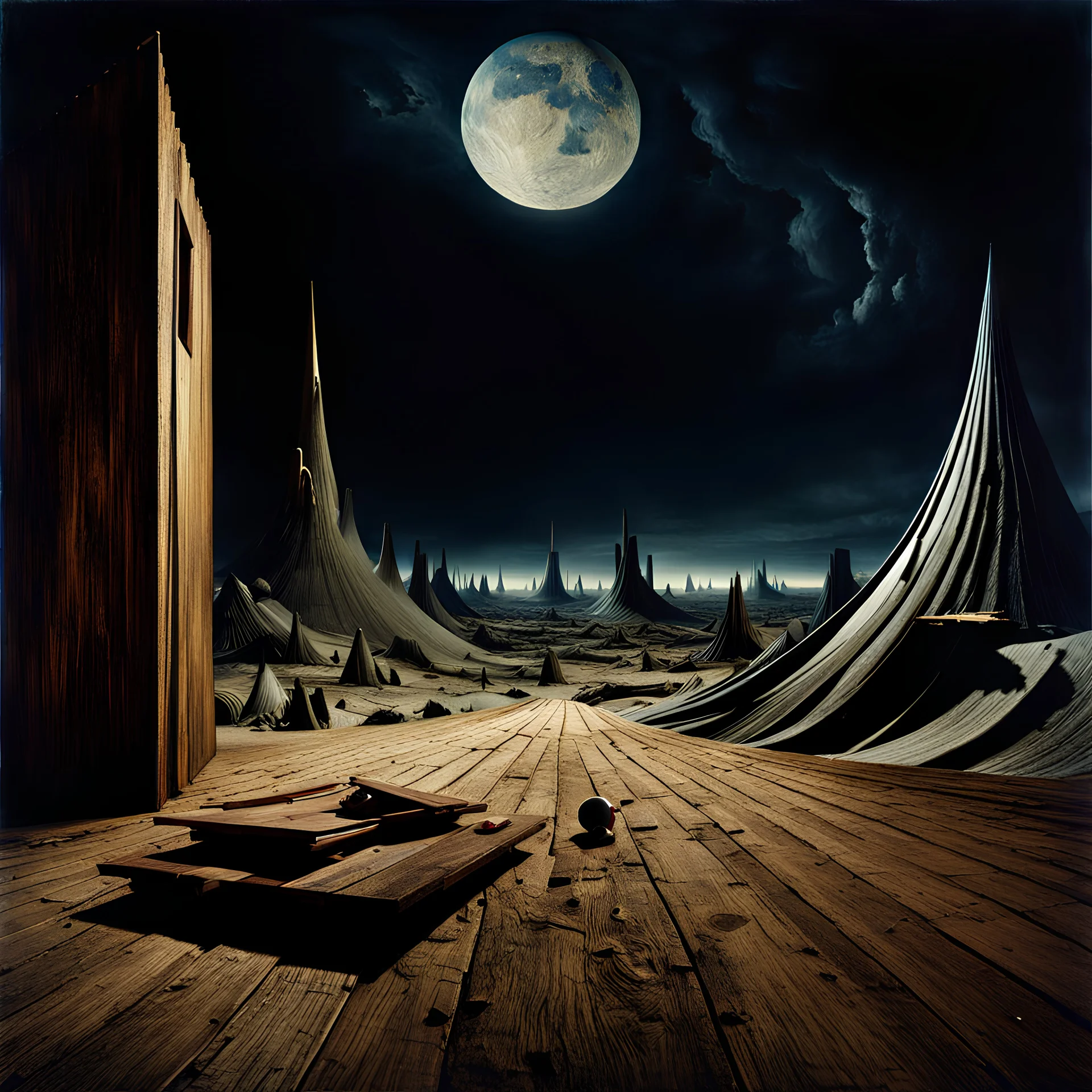 Photorealistic nothingness and distress, wooden wasteland night Max Ernst Hieronymus Bosch, volumetric light, movie shot, details, high contrasts, nightmare, hypermaximalist