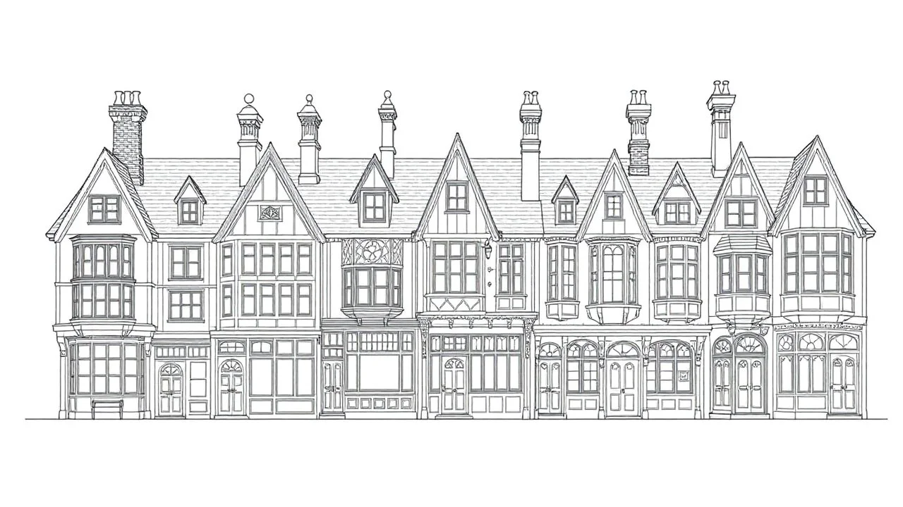 A highly detailed front elevation line drawing of a row of fantasy houses, with tall chimneys, rooms and floors added to sides and roofs, like Harry Potter's Diagon Alley, inspired by Moebius