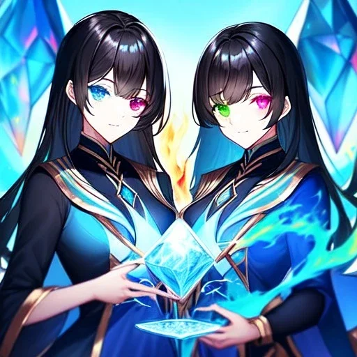 8k, Girl, high quality, detailed, black hair, heterochromia, beautiful lighting, vibrant colors, twins, fire and ice magic,