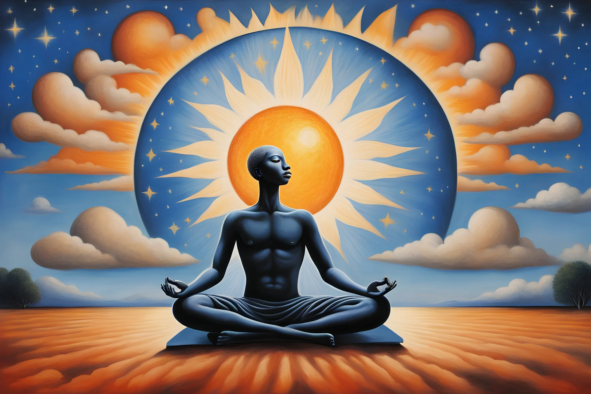 human meditating , sun and moon background, african psychedelic art, and the parallel dimensions, painted by rene Magritte, , stars and clouds , dream dimension