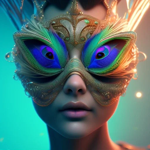 peacock face,surreal, Unreal Engine 5, lens macro,sharp focus, realistic, hyper detailed, studio lighting, neon light ambient