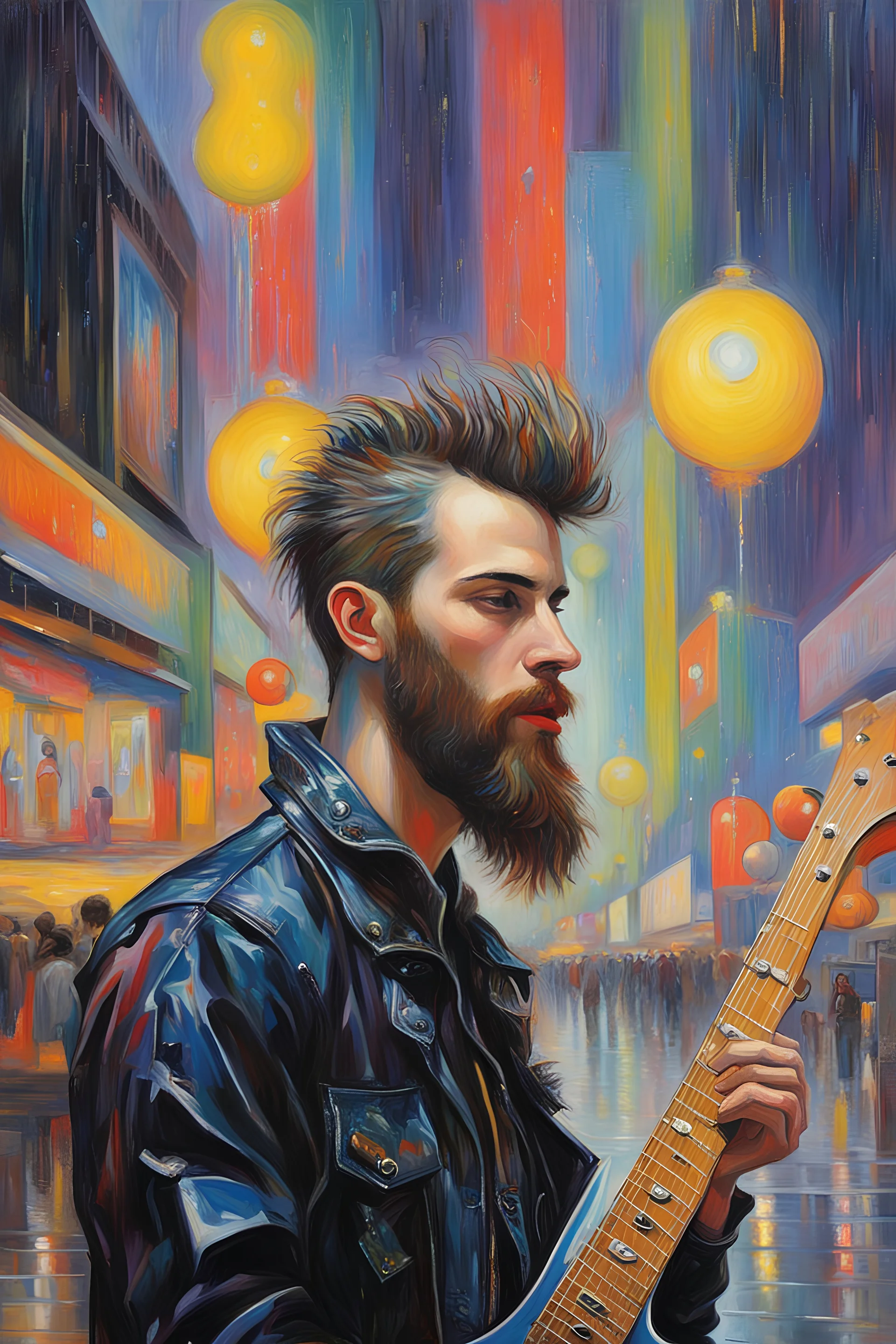 Joseph Stella oil painting a dreaming young beard colored punk guy looks guitars in the pop '80s Mall lights during rainy day oil painting