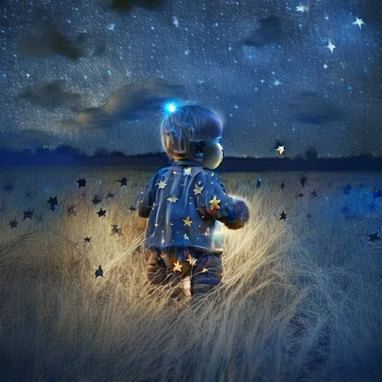 toddler with teddy bear seen on the back in a field at night with lots of stars, looking at an apparition in the sky