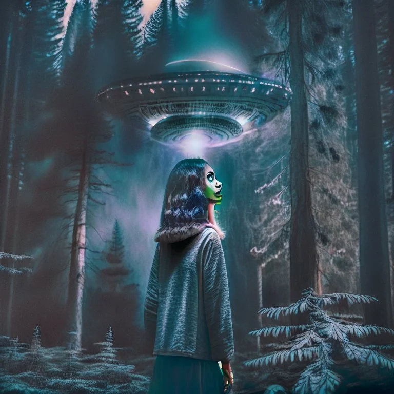 photo of a young woman in a dark forest looking at a UFO in the sky dark tones