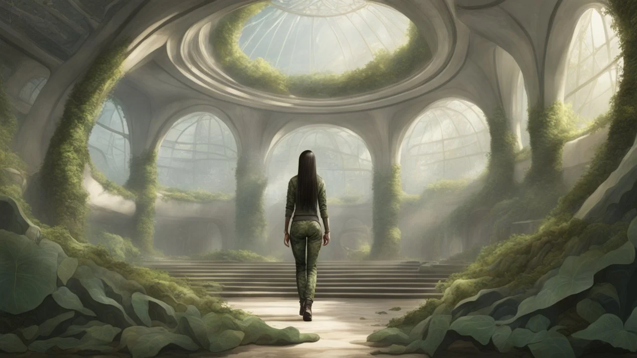 floating alien jellyfish, rampant foliage, and vines, inside a huge vaulted alien building, with circular windows, woman with black hair in a ponytail, in camouflage trousers and jacket, photorealistic, Intricate Detail, sunny day