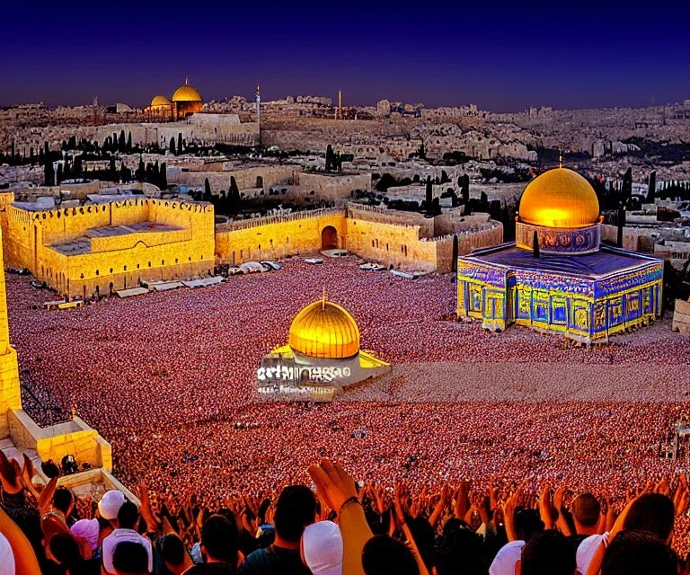 100,000,000 christians, men, women,and children, WORSHIPPING, dressed in white, beam of light coming from square Temple in center, Jerusalem, hills and valley in background, dusk, andromeda GALAXY IN SKY