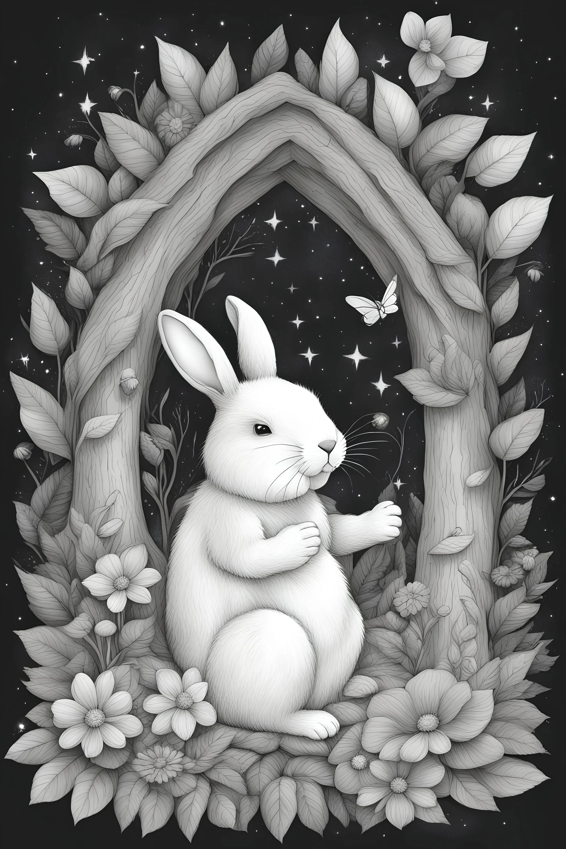 outline art with pencil sketch art for { A cuddly bunny sleeping in a fairy house built from leaves and flowers, fireflies flitting through the starry twilight. }with floral background pencil sketch style,full body only use outline with black and white outline and make a floral backgound with black and white background