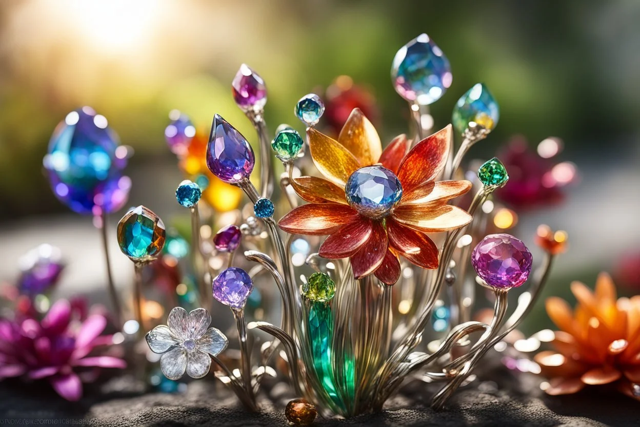 Coloured glass flower garden set with gemstones, glittering metal stems and gemstone leaves sharp focus elegant extremely detailed intricate very attractive beautiful dynamic lighting fantastic view crisp quality exquisite detail gems and jewels S<AI in sunshine Weight:1 Professional photography, bokeh, natural lighting, canon lens, shot on dslr 64 megapixels sharp focus Weight:0.9