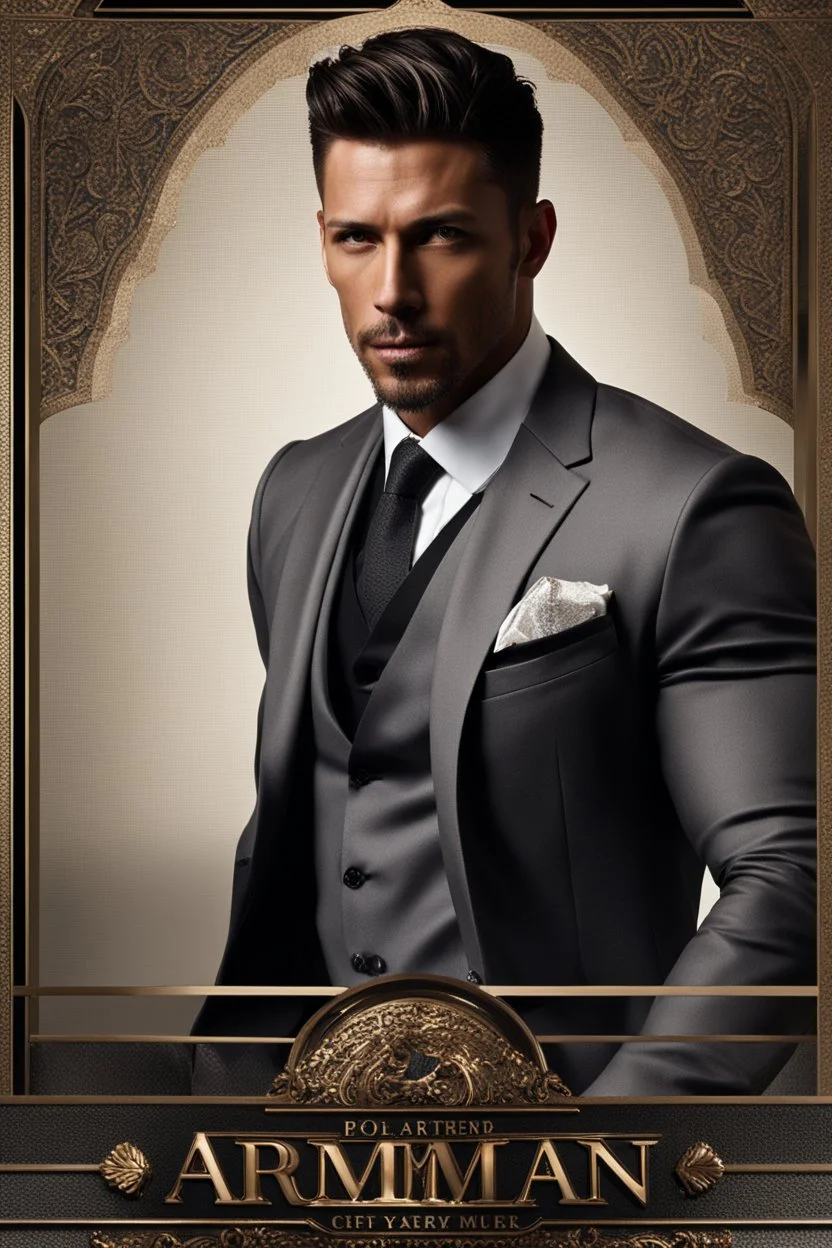 portrait of a 35 year old Handsome muscular male leader with lightly tanned skin and tattoos. Dark hair cut short and a goatee beard. wearing an armani suit. photorealistic