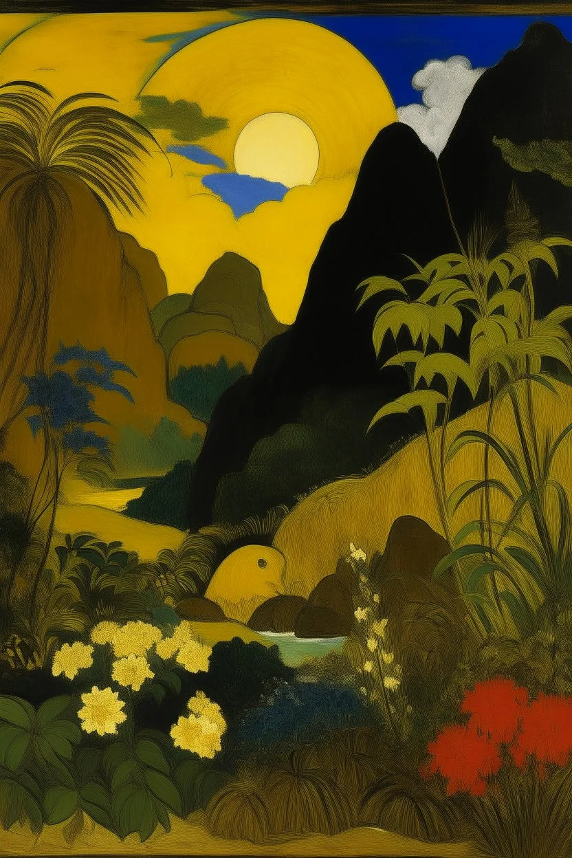 A dark gold mountains near a bamboo’s forest surrounded flowers with rocks, painted by Paul Gauguin