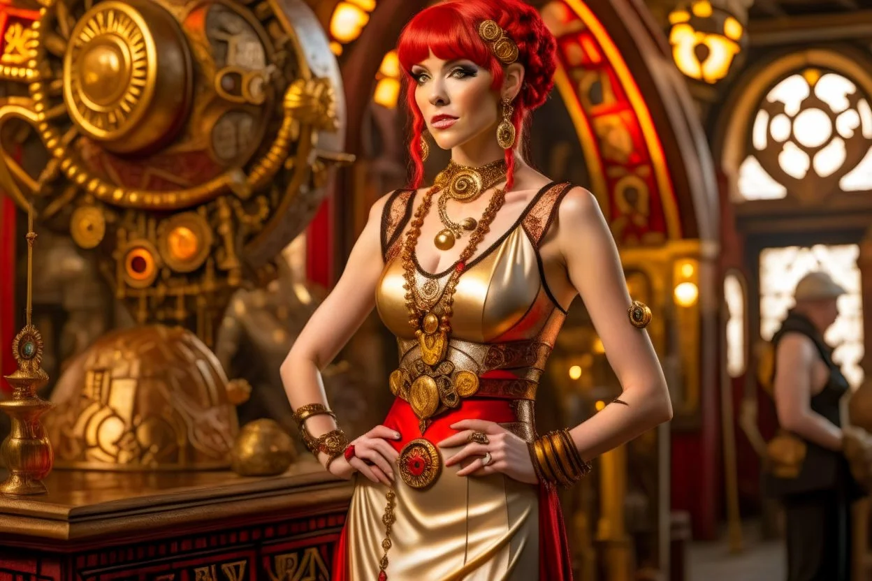 a skinny Cleopatra, with a bob red hairstyle, standing in a steampunk setting.