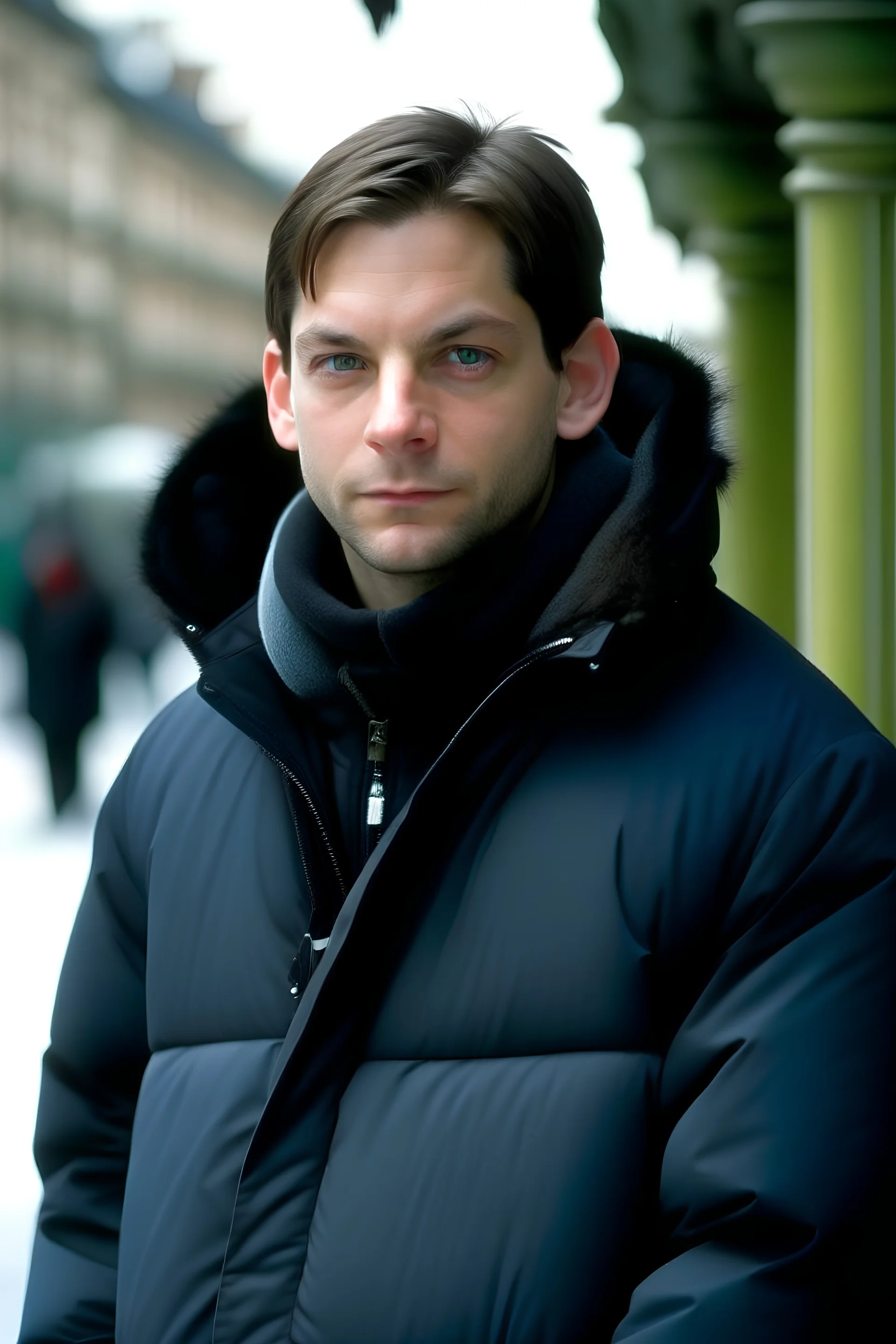 Tobey Maguire young, with a black down jacket from The North Face brand