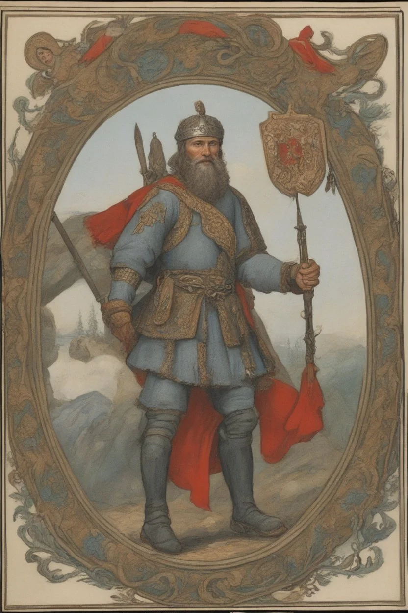 Ilya Muromets with an oklady beard is sitting on a horse, looking into the distance, with a spear in his hand, a sword hanging on his belt. in his other hand he has a shield on which the coat of arms of Russia is depicted. Back background of Russian nature. On the side is a border post of Russia.
