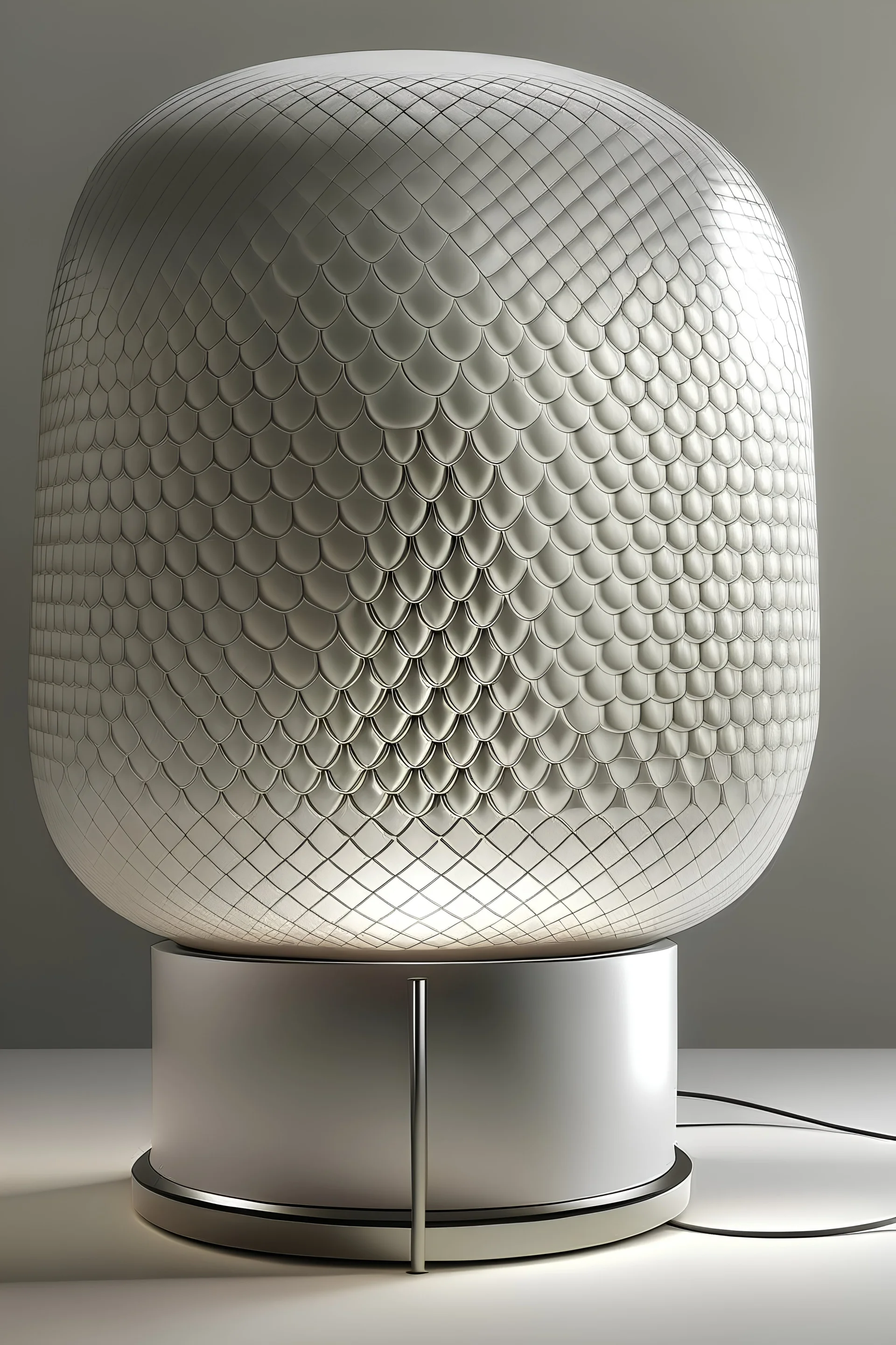 Lamp with a 3D high Metalic grid lamprod and a big white linen round lampshade